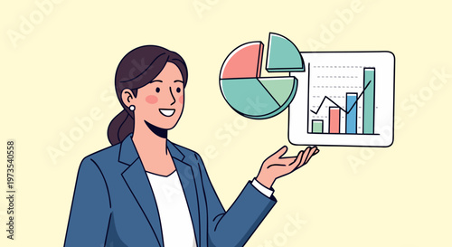 Businesswoman presenting financial data with charts and graphs, illustrating success and growth