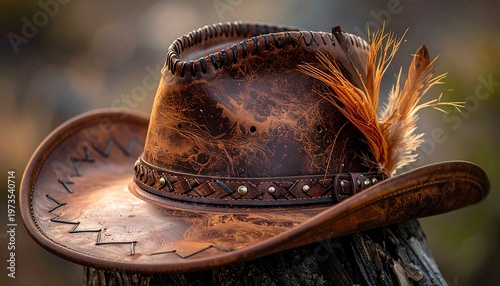 A close-up view of a weathered, brown leather cowboy hat adorned with an orange feather, resting on a wooden post