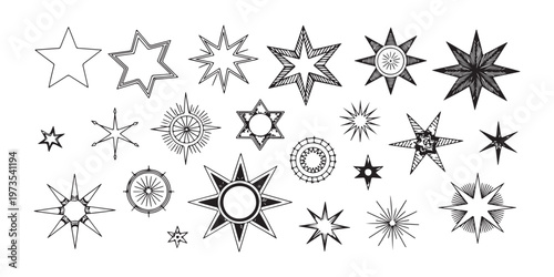 Collection of hand drawn starbursts and star shapes in outline and filled styles for design elements.