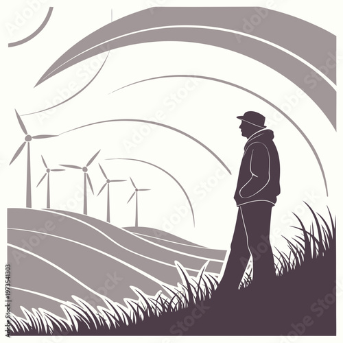 A solitary figure stands overlooking a field of wind turbines framed by sweeping curved lines and tall grasses high quality