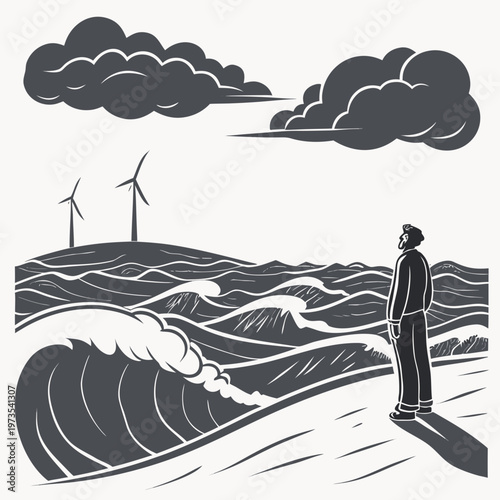 A contemplative figure stands overlooking a wavy landscape with wind turbines beneath a cloudy stylized sky high quality professional detailed