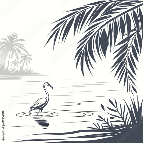 A stylized illustration depicts a flamingo wading in calm waters beneath lush tropical palm foliage evoking a serene atmosphere