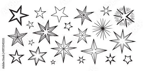 Assortment of decorative hand-drawn star shapes and starbursts for creative embellishments.