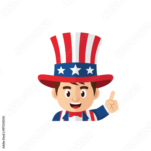 Cartoon young man character wearing Uncle Sam hat and costume pointing finger up on white background