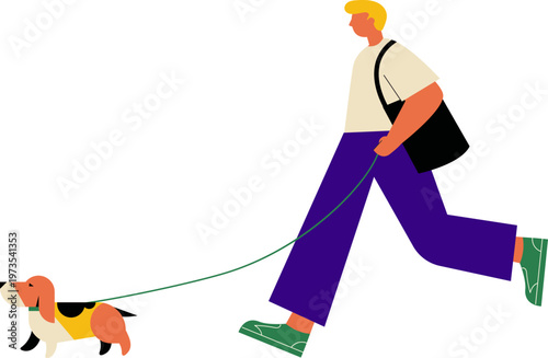 Young man walking the dog. Modern flat active lifestyle character illustrations series