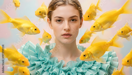 Portrait of a young woman surrounded by bright yellow fish, surreal underwater-inspired scene with soft pastel tones, dreamy and artistic composition, fashion and imagination concept. photo, macro
