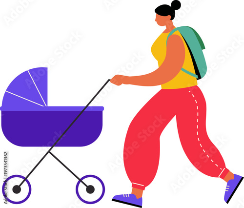Woman walking with pram baby carriage. Modern flat active lifestyle character illustrations series