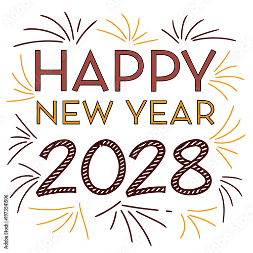 A vibrant graphic illustration displays happy new year 2028 with stylized lettering and radiating firework like bursts of color