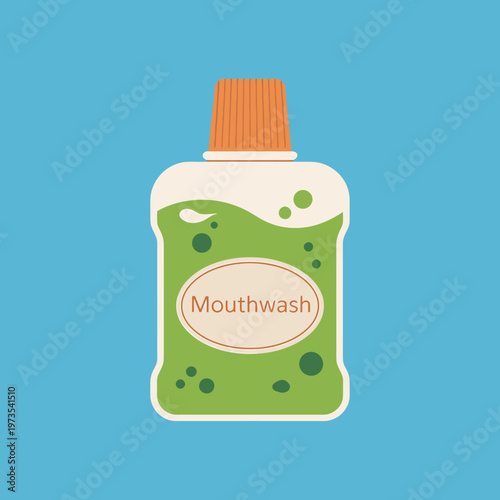 Green mouthwash bottle with orange cap and label on blue background