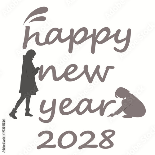A silhouette of a woman and a dog are integrated within the cursive text of happy new year 2028