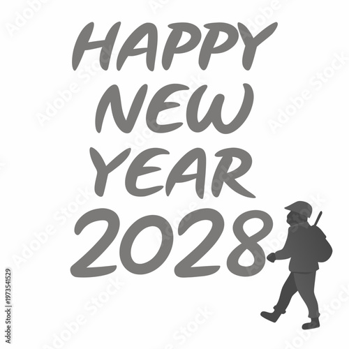 A grayscale image displays happy new year 2028 text with a silhouetted figure walking to the right high quality professional