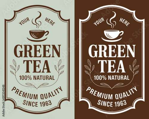 Green tea label templates with cup and saucer icons  premium quality since 1963