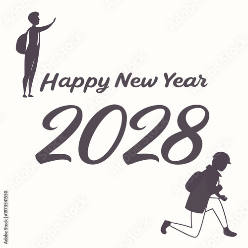 A minimalist graphic depicts figures celebrating the new year with a stylized happy new year 2028 message high quality professional