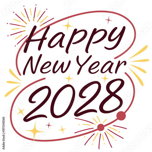 A vibrant illustration displays happy new year 2028 with celebratory elements like fireworks and a decorative red oval frame