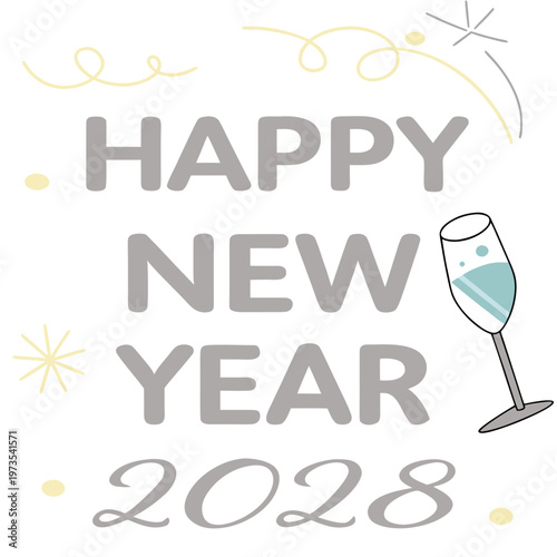 A celebratory illustration displays the words happy new year 2028 with a champagne glass and festive golden confetti elements