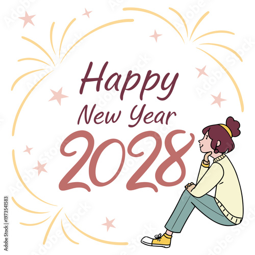 A cheerful illustration depicts a young woman gazing upwards with happy new year 2028 text surrounded by festive sparkles