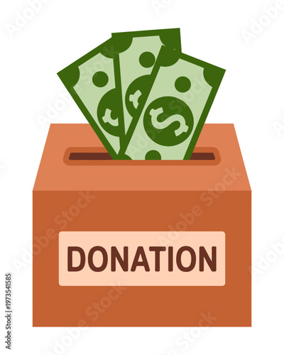 Donation box with money bills coming out of it for charity fundraising