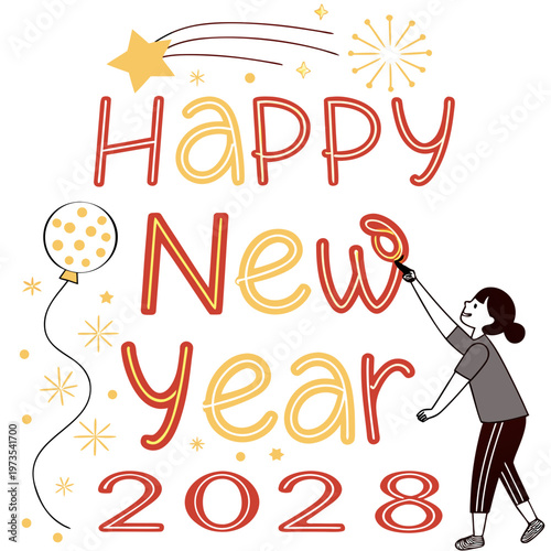 A colorful illustration depicts the words happy new year 2028 with a girl lighting a sparkler and festive decorations