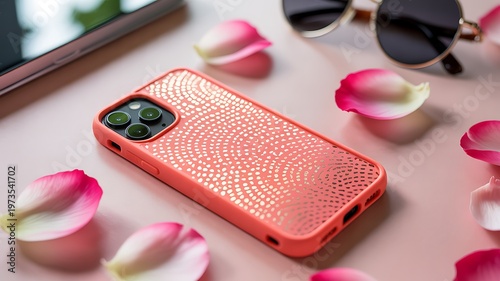 A pink phone case with sunglasses and rose petals