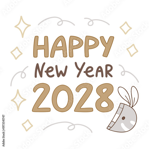 A charming hand drawn illustration wishes happy new year 2028 with a cute rabbit and festive sparkling star and diamond shapes