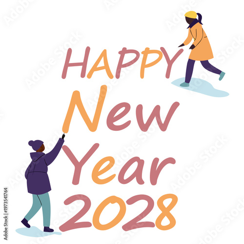 A vibrant illustration depicts two people celebrating the new year with large colorful text proclaiming happy new year 2028