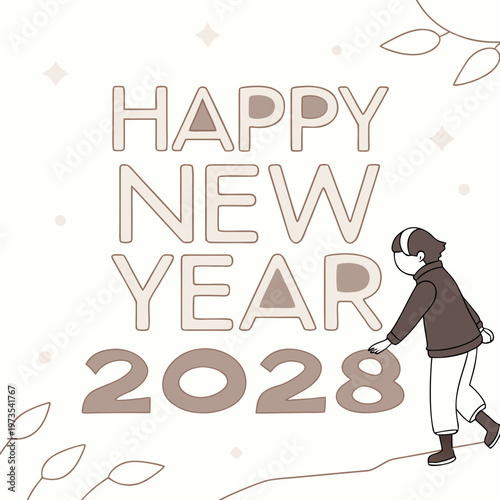 A minimalist illustration depicts happy new year 2028 with a figure walking towards the new year numerals high quality professional