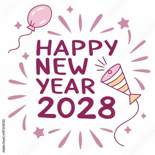 A cheerful illustration displays happy new year 2028 with a pink balloon party horn and scattered star shaped confetti