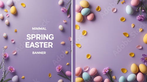 Minimal Easter Spring Banner with Pastel Eggs and Flowers on Purple Background