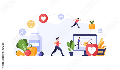 Wellness concept illustration with exercise and healthy nutrition for strong body and mind