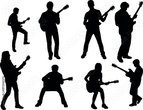 Collection of guitar player silhouettes performing in various poses isolated on white background music concert performance vector illustration set
