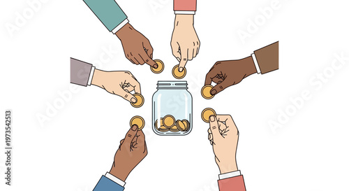 Hands putting coins into jar together.