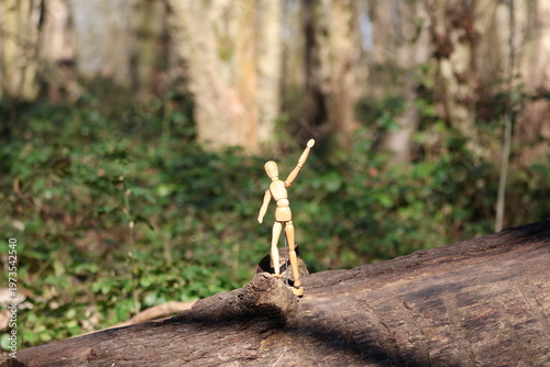 wooden mannequin in the woods.