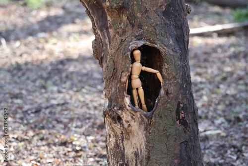wooden mannequin in the woods.