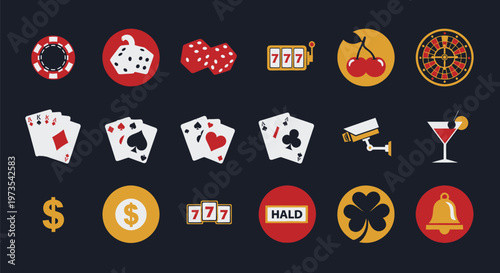 Collection of casino icons on dark background with various gaming symbols