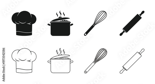 Black and white icons depicting cooking tools and chef s hats
