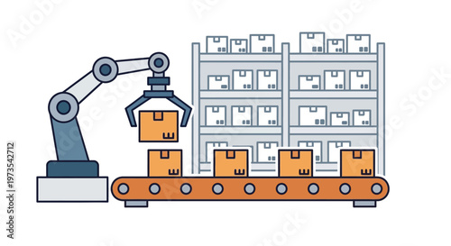 Industrial robotic arm handling boxes.