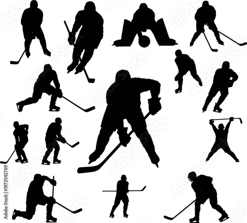 Photography Collection of ice hockey player silhouettes in dynamic action poses including sk