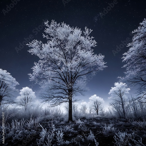 Enchanting Winter Night Landscape with Frost Covered Trees Under a Starry Sky.