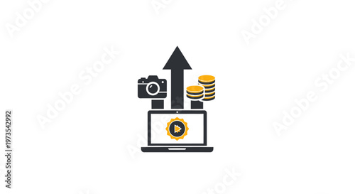 Laptop with camera and coins growth.