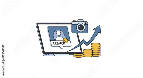 Laptop with camera and gold coins.