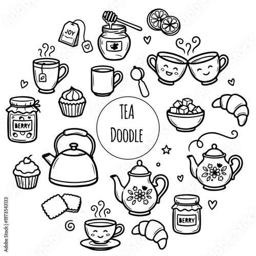 Tea and Coffee Time Doodle Set. Hand-Drawn Black Line Icons of Teapots, Cups and Spices