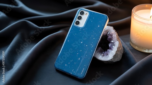 A blue phone case sitting on a table next to a candle