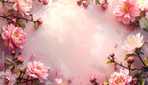 春のピンク花フレームとコピースペース背景