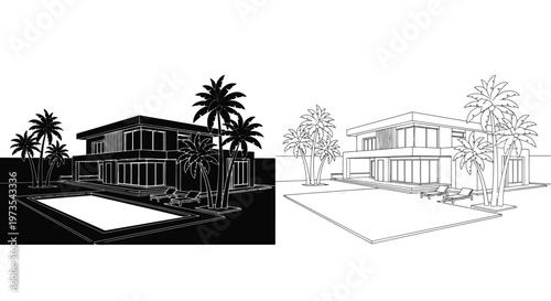 Modern house with a swimming pool depicted in black and white line drawings