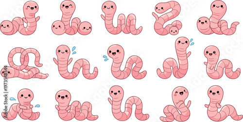 Cartoon vector illustration of pink worms in playful poses with expressive smiling character designs