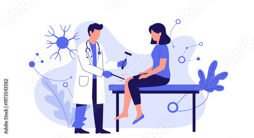 Doctor examining patient's knee reflex with reflex hammer, medical checkup, neurology concept