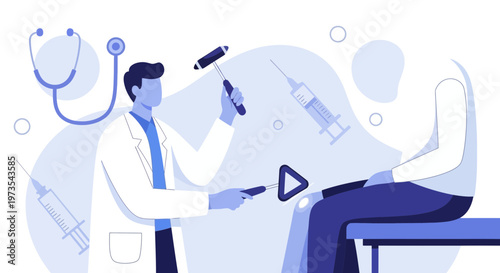 Doctor examining patient's knee reflex with reflex hammer, medical examination concept