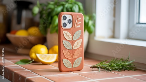 A phone case with a leaf design on a kitchen counter