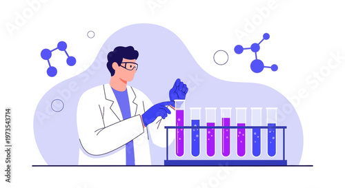 Scientist conducts experiment with colorful liquids in test tubes, molecular structures in background