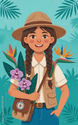 A girl in a safari outfit holding flowers